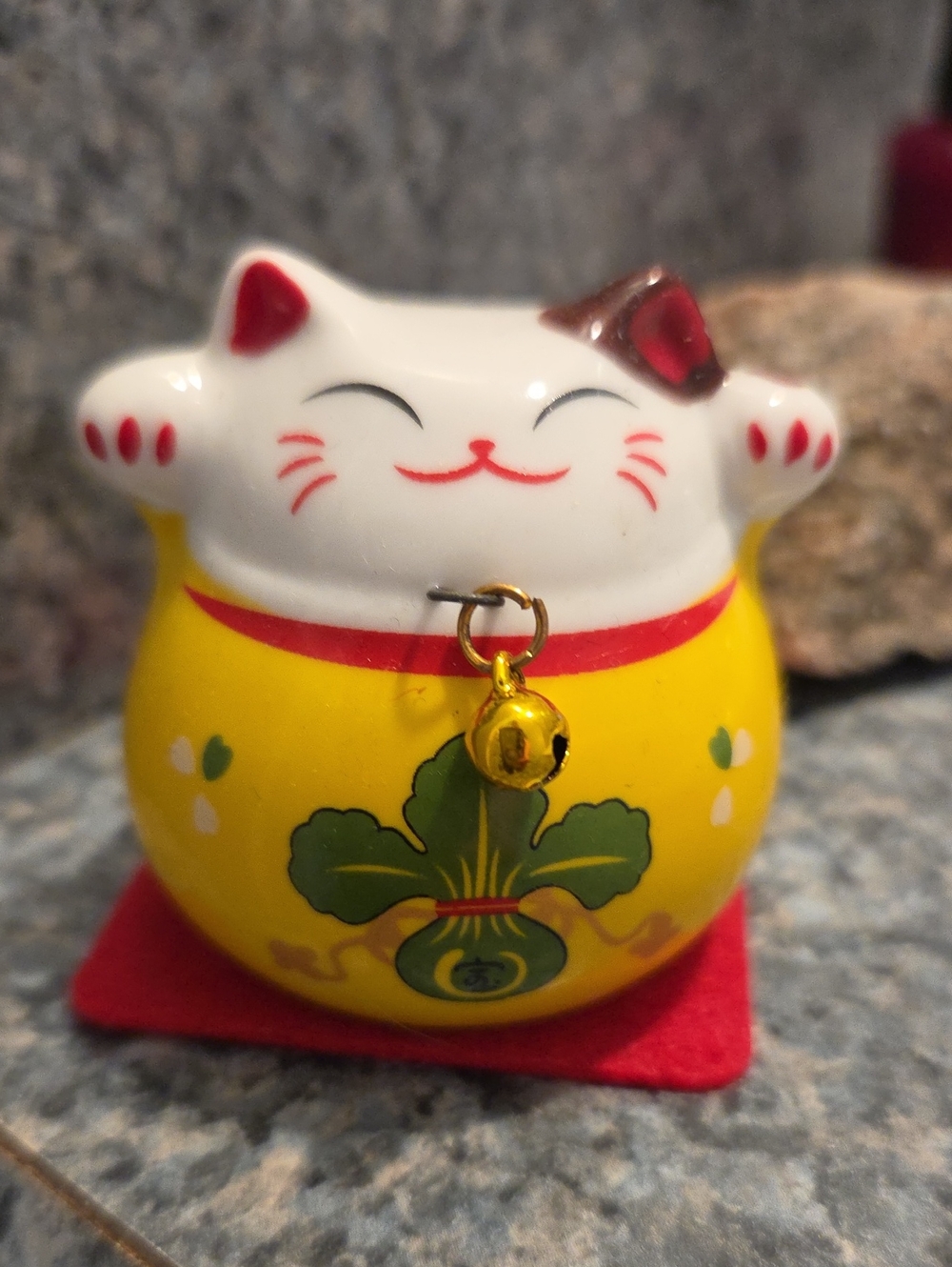 Lucky Cat Ceramic Figurine - Yellow Maneki Neko with Bell